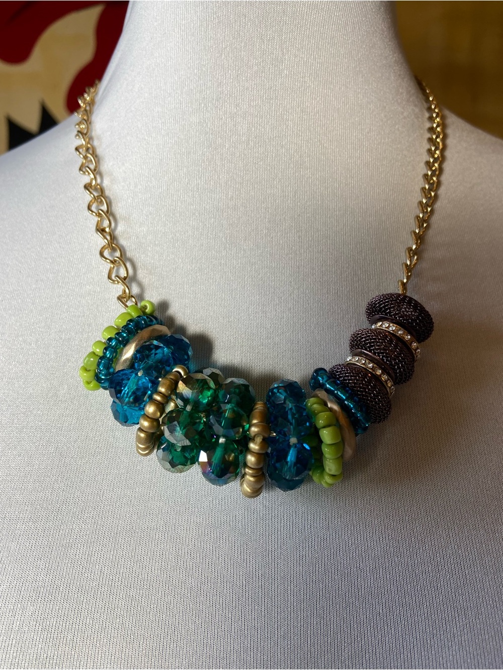 Vintage Teal, Blue and Lime Bead Statement Necklace